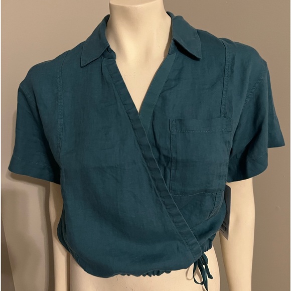 Athleta Tops - Athleta Short Sleeve Wrap Tie Boho Pocket Collar Linen Blue NWT Crop Top